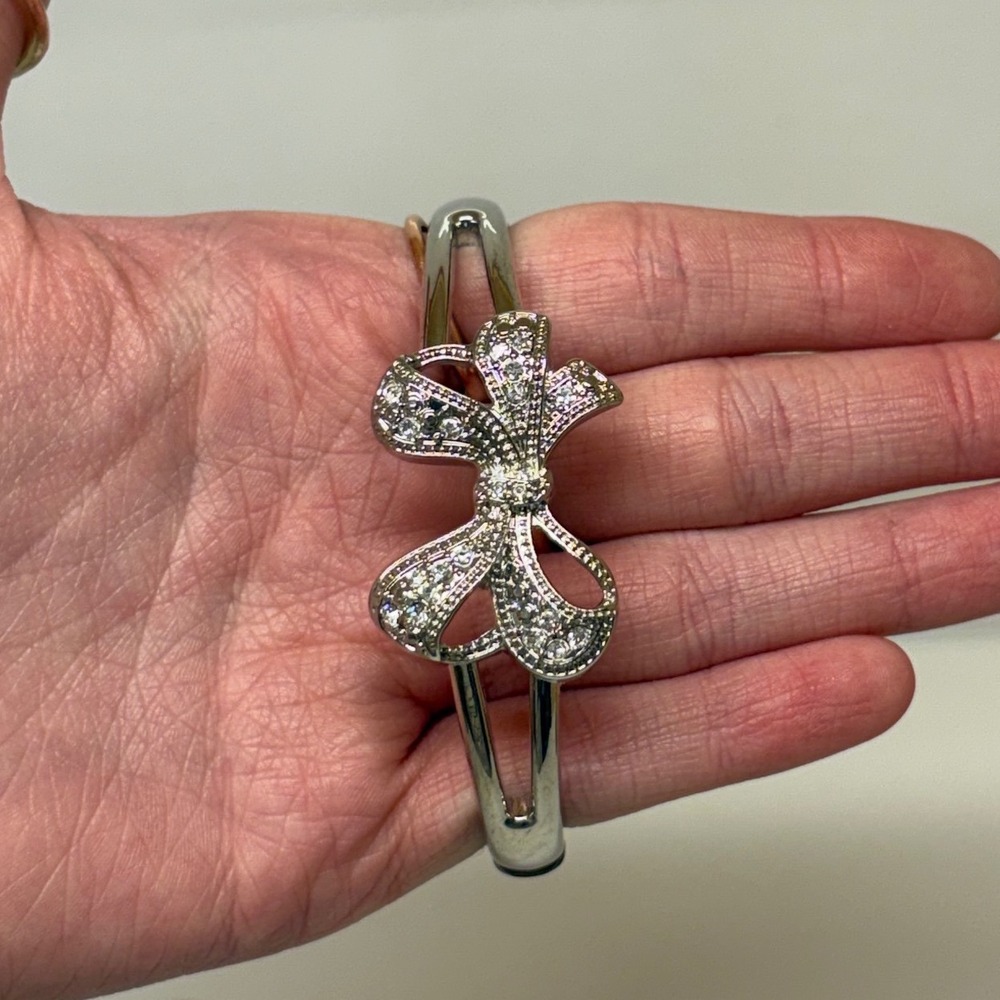 Silver Tone Rhinestone Bow Hinge Bangle Bracelet Pave Crystal Split Band